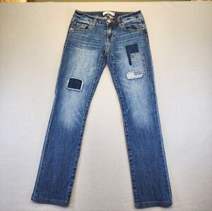 Cabi Slim Boyfriend Patchwork Jeans 0 Medium Wash Y2K Boho Distressed Denim 3458